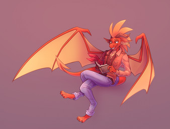 anthro belt book bottomwear claws clothed clothing denim denim_bottomwear denim_clothing dragon_wings horn jacket jeans male membrane_(anatomy) membranous_wings open_book open_clothing open_jacket open_topwear pants reading reading_book red_background red_body relaxing shirt simple_background sitting solo spade_tail spellbook tail toe_claws topwear wings aegann mythology dragon mythological_creature mythological_scalie scalie hi_res nonbinary_(lore)