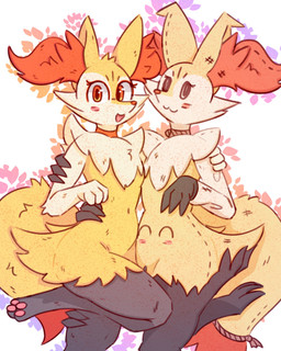 ambiguous_gender anthro blush blush_lines collar dipstick_tail duo eyelashes fake_eyes fluffy fluffy_tail fur grey_body grey_fur hug inner_ear_fluff looking_at_viewer markings multicolored_body navel open_mouth orange_body orange_eyes orange_fur pawpads paws simple_background tail tail_markings tan_body tan_fur tuft yellow_body yellow_fur se1t nintendo pokemon braixen canid canine generation_6_pokemon generation_7_pokemon mammal mimikyu pokemon_(species) 2026 hi_res