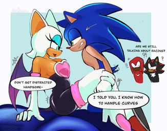 big_breasts blush bodily_fluids breasts car dark_body dark_skin dialogue female flirting group male membrane_(anatomy) membranous_wings race_car speech_bubble sweat sweatdrop tail tail_motion tailwag text vehicle wings lettuceartt sega sonic_racing:_crossworlds sonic_the_hedgehog_(series) knuckles_the_echidna rouge_the_bat shadow_the_hedgehog sonic_the_hedgehog bat echidna eulipotyphlan hedgehog mammal monotreme english_text hi_res