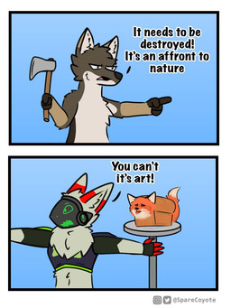 anthro axe bread brown_body brown_fur dialogue duo food fur grey_body grey_fur humor machine male melee_weapon orange_body orange_fur screen screen_face text weapon sparecoyote spare_(sparecoyote) canid canine canis coyote fox mammal protogen 3:4 comic english_text meme
