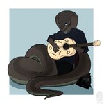 anthro apode clothing comfortable guitar legless looking_at_viewer male mask musical_instrument playing_guitar playing_music plucked_string_instrument serpentine snake_hood solo string_instrument fantine michael_templar draconcopode naga reptile scalie snake 1:1