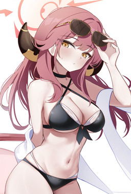 big_breasts black_choker black_clothing black_jewelry black_necklace black_panties black_underwear blush bodily_fluids breasts choker clothing eyewear eyewear_on_head female glistening glistening_hair hair hair_between_eyes halo horn jewelry long_hair navel necklace not_furry panties red_hair simple_background solo sunglasses sunglasses_on_head sweat swimwear underwear wearing_sunglasses white_background yellow_eyes li_se blue_archive nexon aru_rikuhachima demon demon_humanoid horned_humanoid humanoid absurd_res hi_res