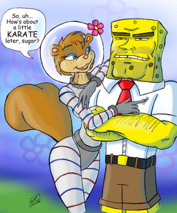 anthro arm_hair armor body_hair bodysuit bottomwear breasts bubble_helmet buckteeth clothed clothing duo female five_o'clock_shadow flower flower_cloud_(spongebob) freckles headgear helmet karate male manly muscular necktie open_mouth outside pants plant seductive shirt skinsuit smile sponge standing suit tail teeth text tight_clothing topwear underwater water what what_has_science_done whiskers wide_hips dasutobani nickelodeon spengbab spongebob_squarepants sandy_cheeks spongebob_squarepants_(character) aquatic eastern_grey_squirrel grey_squirrel mammal rodent sciurid sea_sponge tree_squirrel 2008 absurd_res english_text hi_res meme