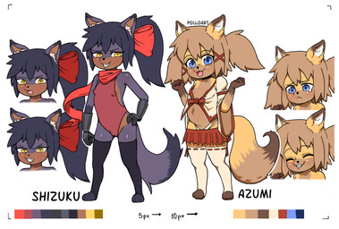 angry anthro armor asian_clothing bared_teeth bearing_fangs belly blue_eyes blush bodily_fluids bottomwear bow_ribbon camel_toe clothing crying duo east_asian_clothing erect_nipples expressions eyes_closed female frown gauntlets genital_outline gloves hair handwear japanese_clothing kimono leggings legwear leotard navel nipple_outline nipple_slip nipples open_mouth open_smile pigtails ponytail purple_body ribbons scarf showing_teeth skirt slightly_chubby smile smirk tears vulva_outline yellow_body yellow_eyes young young_female polloart azumi_(mikefox2400) shizuku_(mikefox2400) canid canine fox mammal expression_sheet hi_res model_sheet cousins_(lore)