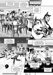 anthro bowling bowling_alley bowling_ball bowling_pin dialogue horn male scut_tail short_tail tail text purplebirdman cody_(falcon_mccooper) william_(falcon_mccooper) bovid caprine equid equine goat horse mammal black_and_white comic english_text monochrome