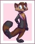 anthro blue_eyes border bottomless brown_body brown_fur clothed clothing collar fur jacket male pink_border pose simple_background solo spiked_collar spikes topwear zenfetcher kiefer gulonine mammal marten mustelid musteline pine_marten full-length_portrait hi_res portrait