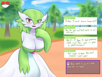 3_fingers bangs big_breasts black_eyebrows blue_sky blush blush_lines breasts chest_spike cleavage clothed clothing cloud dating_sim dialogue dress eye_through_hair eyebrows eyelashes female female_humanoid fingers grass green_body green_clothing green_dress green_hair green_text gynomorph hair heart_symbol intersex leaning leaning_forward long_hair looking_at_viewer love_ball multicolored_body multicolored_clothing multicolored_dress not_furry open_mouth outside pink_eyes pink_spikes pink_tongue plant pokeball pupils sky solo spikes spikes_(anatomy) standing stuttering talking_to_viewer text tongue translucent translucent_hair tree two_tone_body two_tone_clothing two_tone_dress white_body white_clothing white_dress kawma nintendo pokemon avery_(shiney) gardevoir generation_3_pokemon humanoid pokemon_(species) 2025 absurd_res english_text hi_res signature busty_boy_(lore) male_(lore)