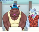 anthro bathroom clothing detailed_background duo eyes_closed hat headgear headwear kemono male musclegut muscular shirt slightly_chubby tongue tongue_out topwear inotetu canid canine canis common_hippopotamus hippopotamid mammal wolf 2006