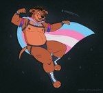 anthro areola armband bisexual_pride_colors cape clothing curly_hair eyebrow_slit eyebrows facial_hair flag_cape flexing flexing_bicep floating floppy_ears flying footwear hair harness holding_clothing holding_object jockstrap leather leather_harness lgbt_pride looking_at_viewer male mastectomy_scar mohawk nipples pride_colors scar slightly_chubby solo space tail text toeless_footwear transgender_pride_colors underwear wristband angelofalls conditional_dnp angelo_(angelofalls) canid canine canis domestic_dog mammal pitador 2025 artist_name signature trans_(lore) trans_man_(lore)