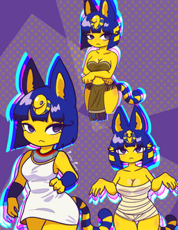 anthro bandage bangs big_breasts big_butt blue_ears blue_hair bob_cut breasts butt cleavage clothed clothing crossed_arms curvy_figure dress egyptian egyptian_clothing female fur hair hand_on_hip kalasiris medium_hair mummy_wrappings purple_eyes simple_background solo standing uraeus usekh yellow_body yellow_fur funny_bunny_(artist) animal_crossing nintendo ankha_(animal_crossing) domestic_cat felid feline felis mammal hi_res