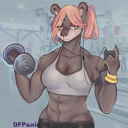 abs anthro bra breasts brown_body brown_fur cellphone cleavage clothed clothing dumbbell earbuds electronics exercise female fur headphones listening_to_music muscular muscular_anthro muscular_female narrowed_eyes phone smartphone solo sports_bra underwear weightlifting weights workout yellow_eyes docfurpanic gloomy_(docfurpanic) bear mammal 1:1 hi_res