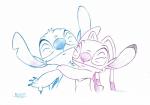 2014 absurd_res alien angel_(lilo_and_stitch) antennae_(anatomy) back_markings blue_body blue_claws blue_fur blue_nose canon_couple chest_markings chest_tuft claws colored_pencil_(artwork) colored_sketch disney duo embrace english_text experiment_(lilo_and_stitch) eyes_closed female fur happy head_tuft hi_res hug lilo_and_stitch male male/female markings notched_ear patrick_sierra pink_body pink_fur pink_nose romantic romantic_couple signature simple_background sketch small_tail smile stitch_(lilo_and_stitch) tail text traditional_media_(artwork) tuft white_background