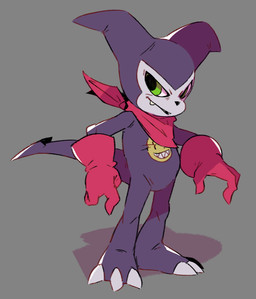 3_toes biped claws clothing feet gloves green_eyes handwear kerchief male neckerchief neckwear purple_body red_clothing red_gloves red_handwear red_kerchief red_neckerchief shortstack shortstack_male simple_background smile solo toe_claws toes flookz bandai_namco digimon digimon_(species) imp impmon 2017 digital_media_(artwork)