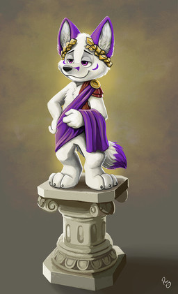 ancient_rome anthro black_nose closed_smile dipstick_tail facial_markings featureless_crotch front_view fur head_markings inner_ear_fluff male markings mouth_closed narrowed_eyes purple_ears purple_eyes purple_markings smile solo standing tail tail_markings tuft white_body white_fur white_inner_ear white_inner_ear_fluff young young_anthro young_male pandapaco canid canine mammal full-length_portrait hi_res portrait