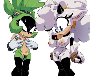 anthro areola bell big_areola big_breasts blue_eyes blush bodily_fluids bracelet breasts clothed clothing cowbell ear_piercing ear_ring elbow_pads female fingerless_gloves gloves green_body hair handwear horn jewelry legwear nervous nervous_sweat piercing ponytail ring ring_piercing sharp_teeth small_breasts sweat tail teeth thigh_highs thong topless topless_female underwear white_body inker_comics goldsden_(colorist) idw_publishing sega sonic_the_hedgehog_(comics) sonic_the_hedgehog_(idw) sonic_the_hedgehog_(series) lanolin_the_sheep_(sonic) surge_the_tenrec afrosoricid bovid caprine mammal sheep tenrec absurd_res hi_res