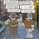 andy_ng anthro black_nose bottomwear clothing duo greeting grey_body humanoid_hands male male/male necktie outside overweight overweight_male pants real shirt shorts sweater sweater_vest text tongue tongue_out topwear vest brucebadger badger binturong mammal mustelid musteline viverrid 1:1 2021 english_text