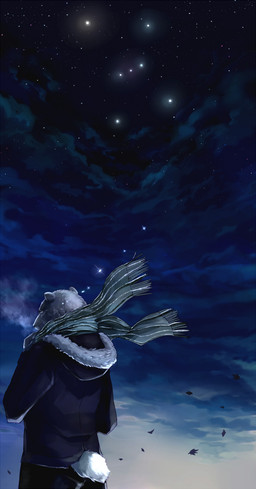 anthro bodily_fluids clothed clothing cloud constellation detailed_background fully_clothed fur leaf male orion_(constellation) scarf sky solo star starry_sky tears white_body white_fur wind winter sky_gomi bear mammal polar_bear ursine hi_res