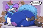 anthro belly big_belly big_breasts big_butt blue_body blue_fur blue_hair breasts butt dialogue duo feet female fur grey_body grey_fur hair huge_butt looking_at_another lying_on_another makeup male male/female mascara overweight overweight_female paws purple_body purple_eyes purple_fur short_hair simple_background text trash weight_gain white_body white_fur teaselbone nintendo pokemon neelu_(oliver) teaselbone_(character) canid canine canis delphox generation_6_pokemon mammal pokemon_(species) wolf 2024 english_text hi_res