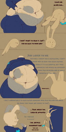 after_vore age_difference anthro belly belly_overhang belly_squish black_text blue_clothing blue_sweater blue_topwear bodily_fluids buckteeth cellulite clothing duo ear_piercing ear_ring electronics ellipsis eyes_closed eyewear fatpad female fur glasses grey_markings grey_text hand_on_belly hand_on_own_belly head_tuft love_handles male male/female markings moobs motion_lines navel phone piercing ring_piercing sad squish sweater tan_body tan_fur teeth text thick_thighs topwear tuft vore vore_tattoo wardrobe_malfunction willing_pred willing_prey worried_look afraart ben-bun_(afraart) brittney_(afraart) lagomorph leporid mammal rabbit absurd_res hi_res daughter_(lore) father_(lore) father_and_child_(lore) father_and_daughter_(lore) parent_(lore) parent_and_child_(lore) parent_and_daughter_(lore)