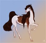 ambiguous_gender blue_eyes brown_hair brown_mane brown_tail eyebrows eyelashes feral gradient_background hair hooves looking_at_viewer mane multicolored_body quadruped raised_leg raised_tail simple_background solo tail two_tone_body fluffymare scarla_(scarlanya) arabian_horse equid equine horse mammal pintabian_horse 2023 digital_media_(artwork) hi_res female_(lore)