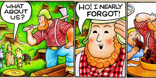 axe cooking dialogue feral food forest gingham group hard_vore human_focus lumberjack male melee_weapon not_furry_focus outside plaid plant text tree vore weapon wood nicholas_gurewitch perry_bible_fellowship avian beaver bird human mammal rodent sciurid tree_squirrel 3:1 comic digital_media_(artwork) english_text