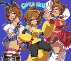 anthro arm_cannon big_breasts blush bottomwear breasts brown_body brown_hair clothing cosplay eyebrows eyelashes eyewear eyewear_on_head female goggles goggles_on_head group hair hands_behind_head legwear magenta_eyes miniskirt open_mouth skirt squish thigh_highs thigh_squish thong_straps trio whiskers wide_hips fuya_(tempupupu) gameoverse glitch_productions kantai_collection kit_bodega shimakaze_(kancolle) domestic_cat felid feline felis mammal 2026