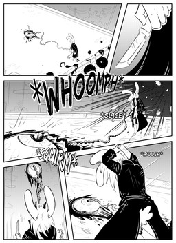 anthro blood bodily_fluids bottomless clothed clothing female horn knife simple_background solo text umbilical_cord kifyun2 beau_(undying_void) lagomorph leporid mammal rabbit absurd_res black_and_white comic hi_res monochrome