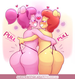 anthro brown_hair butt clothed clothing clothing_pull duo female female/female hair heart_symbol mind_control pink_body pink_hair ringed_eyes short_hair smile text thong topless underwear underwear_pull creamgag clary_(creamgag) grace_(creamgag) felid mammal 2025 digital_media_(artwork) english_text