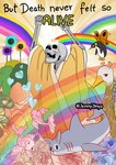 bone bone_hand bright bright_colors bubble clothing dialogue feral flower group happy heart_symbol joyful male plant rainbow robe role_reversal skeleton skull skull_head text tree jenny_jinya loving_reaper death_(personification) animated_skeleton humanoid hybrid undead english_text