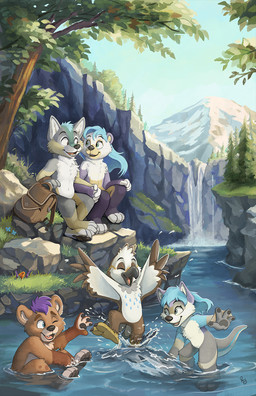 anthro backpack blue_eyes blue_hair blue_markings blue_sky brown_backpack brown_eyes eyes_closed featureless_crotch female female_anthro fur grass grey_body grey_fur group hair hand_holding long_hair male male_anthro markings membrane_(anatomy) nude one_eye_closed open_mouth open_smile outside partially_submerged plant purple_body purple_fur purple_hair short_hair sitting sky smile splash standing_in_water tan_body tan_fur tree water waterfall webbed_hands white_body white_fur young young_anthro young_female young_male pandapaco avian bear canid canine hybrid mammal mustelid otter hi_res