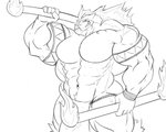 2013 5:4 anthro anthrofied big_muscles bottomwear clothed clothing dual_wielding firepaw generation_2_pokemon grin holding_object holding_weapon huge_muscles hyper hyper_muscles loincloth looking_at_viewer male monochrome muscular muscular_anthro muscular_male navel nintendo pokemon pokemon_(species) sachiel_666 sketch smile solo topless typhlosion weapon