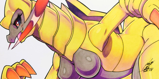 anthro big_breasts black_sclera blush blush_lines breasts claws eyelashes featureless_breasts female non-mammal_breasts open_mouth pokemorph red_eyes simple_background solo tail yellow_body 025aki nintendo pokemon generation_5_pokemon haxorus pokemon_(species) scalie 2025 absurd_res dated hi_res signature