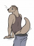 anthro biped blue_eyes bottomwear bottomwear_down butt clothed clothing looking_at_viewer looking_back male pants pants_down partially_clothed raised_tail rear_view solo standing tail ritts malachi_(ritts) mammal mustelid otter hi_res