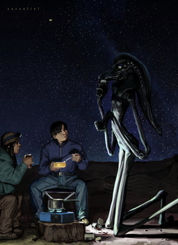 ambiguous_gender anthro appliance baked_beans beak bean bean_(legume) black_body camping camping_chair canned_food clothed clothing desert drinking eating female food fruit group headlamp kneeling lamp legume long_arms long_limbs male multi_eye night not_furry plant portable_stove size_difference sky slim star starry_sky stove trio zarzaliel alien human mammal hi_res
