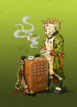 2_horns accessory anthro apron asian_clothing biped cabinet clothed clothed_anthro clothed_male clothing cloven_hooves drawer ear_piercing ear_ring east_asian_clothing feet floral_pattern foot_wraps furgonomics green_background green_clothing holding_object holding_teapot hooves horn horn_accessory japanese_clothing kimono kiseru male male_anthro mortar_and_pestle obi pattern_clothing piercing ring_piercing rope simple_background smoke smoking_pipe solo standing teapot three-quarter_view unguligrade wraps sekki bovid caprine goat mammal 2008 digital_media_(artwork) japanese_description