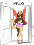 anthro clothed clothing feline_ears feline_tail female greeting solo text lycuscanem felid feline mammal absurd_res english_text hi_res