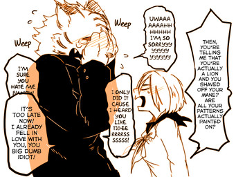 anthro bodily_fluids crying duo female kemono male school tears text young yakantuzura felid human lion mammal pantherine tiger 4:3 comic english_text translated