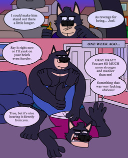 anthro black_body black_outline blue_bottomwear blue_clothing blue_pants blue_shorts bottomwear briefs bullying clothing dialogue duo eyebrows facial_hair flashback fur furniture inside male male/male muscular muscular_male mustache outline overweight pants red_clothing red_shirt red_topwear shirt shirtless shorts sofa speech_bubble tail tail_grab tan_body tan_fur thick_eyebrows tighty_whities topwear underwear wedgie white_briefs white_clothing white_underwear eddicus edgar_(eddicus) joel_(eddicus) canid canine canis domestic_dog husky mammal nordic_sled_dog spitz absurd_res comic hi_res brother_(lore) brothers_(lore) sibling_(lore)