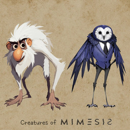 accessory anthro big_nose blue_body blue_feathers claws clothed clothing duo feathers fur male necktie simple_background white_body white_fur unknown_artist mimesis_(game) mr.delpit standing_owl avian bird haplorhine mammal monkey owl primate 1:1 hi_res