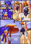 absurd_res anthro big_breasts bottomwear breasts camel_toe clothing comic dialogue digital_media_(artwork) english_text eulipotyphlan female footwear group hedgehog hi_res lagomorph leporid male mammal mature_anthro mature_female rabbit raianonzika sandals sega shoes shorts sonic_the_hedgehog sonic_the_hedgehog_(series) superbunnygt swimwear text tight_bottomwear tight_clothing tight_shorts vanilla_the_rabbit