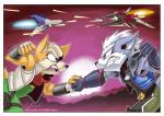 aircraft angry anthro arwing bare_shoulders belt black_nose border brown_body brown_fur clothing duo fight fingerless_gloves fur gloves green_eyes handwear jacket male open_mouth purple_eyes scarf shoulder_pads spacecraft spikes teeth topwear vehicle white_body white_border white_fur scottyartz nintendo star_fox fox_mccloud wolf_o'donnell wolfen canid canine canis fox mammal wolf signature