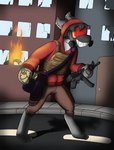 anthro city clothing fire gas_mask gun hoodie male mask molotov_cocktail mp5 plate_carrier ranged_weapon solo topwear weapon mikey6193 mikey_(mikey6193) hi_res