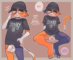 anthro balls blep bottomless claws clothed clothing crossgender ear_piercing ear_ring eyelashes feet_together_knees_apart femboy flaccid foreskin ftm_crossgender genitals hat hat_over_eyes headgear headwear humanoid_genitalia humanoid_penis looking_at_viewer male partially_retracted_foreskin penis piercing ring_piercing shirt shirt_only sitting solo standing t-shirt t-shirt_only text text_on_clothing text_on_shirt text_on_topwear toe_claws tongue tongue_out topwear topwear_only lilbunpinky epic_games fortnite meow_skulls felid feline mammal hi_res watermark