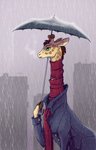 anthro brown_hair city clothing cloven_hooves female green_eyes hair holding_object hooves jacket melancholic raining scarf solo topwear umbrella 28gooddays badday28 giraffe giraffid mammal hi_res