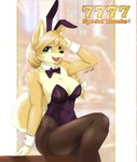 anthro big_breasts blonde_hair bow_(feature) bow_in_front bow_tie braided_hair breasts bunny_costume cleavage clothed clothing costume female fur green_eyes hair hand_behind_head kemono legwear long_hair looking_at_viewer open_mouth pantyhose shirt_collar shirt_cuffs sitting solo text yellow_body yellow_fur treyer treyer_(character) canid canine canis domestic_dog mammal absurd_res english_text hi_res signature