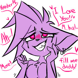 ahegao anthro breasts dialogue female fur hair looking_pleasured purple_body purple_ears purple_fur purple_hair simple_background solo speech_bubble text white_background unknown_artist unknown_species 1:1 aliasing digital_media_(artwork) english_text sketch