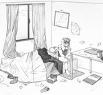 anthro bed bed_covers bedding bedroom bodily_fluids crying detailed_background female furniture hair inside on_bed sad short_hair sitting sitting_on_bed solo tears window junkochi lagomorph leporid mammal rabbit greyscale hi_res line_art monochrome