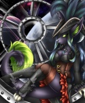 anthro breasts cleavage clothed clothing ear_piercing female green_eyes hair hat headgear headwear horn jewelry multicolored_hair necklace piercing skimpy solo space text two_tone_hair shana katarina_lovelace canid canine hybrid mammal 5:6 url