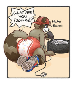all_fours anthro backwards_baseball_cap backwards_hat baseball_cap brown_body brown_fur clean_diaper clothed clothing dialogue diaper drill electrical_plug footwear fur hat headgear headwear holding_object holding_power_tool holding_tool male offscreen_character power_cord power_tool purple_eyes red_clothing red_diaper red_headwear shoes simple_background solo tan_background text tire tools wearing_diaper cookiebandit kiddo_diapers mammal procyonid raccoon 2024 colored english_text hi_res