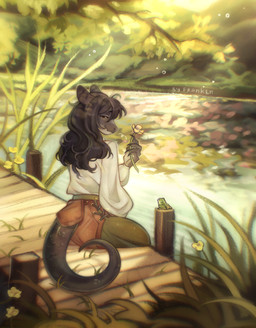 ambiguous_gender anthro black_body black_hair black_scales clothing flower grass hair holding_flower holding_object lake looking_at_viewer looking_back looking_back_at_viewer outside plant scales shirt smile solo tail topwear tree water white_clothing white_shirt white_topwear wooden_bridge franken mythology dragon mythological_creature mythological_scalie scalie 2025 absurd_res digital_media_(artwork) hi_res